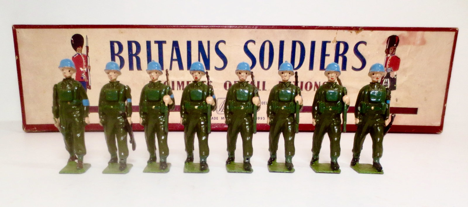 Britains #2155 United Nations Infantry: Post war issue. 8 pieces. Mint to near mint condition. Box excellent.