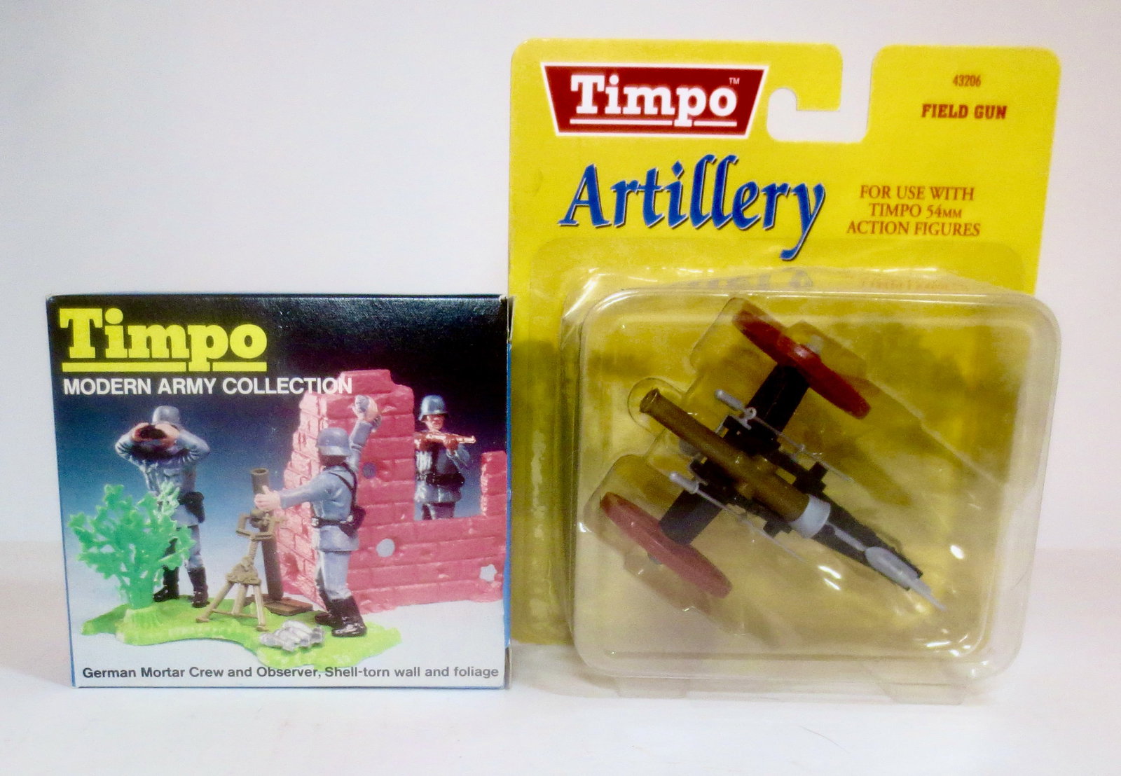 Timpo German Mortar With Crew: And, Field Artillery Gun. New in the box condition. Boxes excellent.