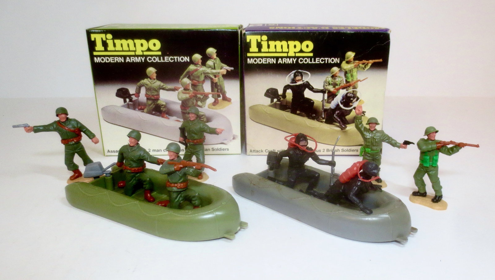 Timpo Modern Army Sets: 12 pieces. Mint to near mint condition. Boxes excellent.