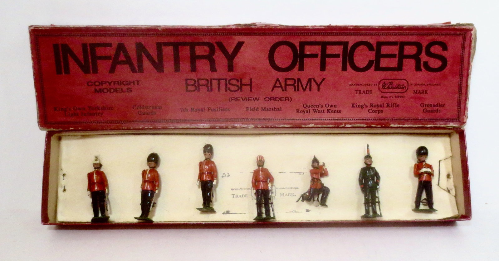 Britains #1908 British Army Infantry Officers: RARE issue, circa 1940-1941 only. 7 pieces. Includes officers of the; King's Own Yorkshire Light Infantry, Coldstream Guards, 7th Royal Fusiliers, Field Marshal, Queen's Own Royal West Kents, King's R