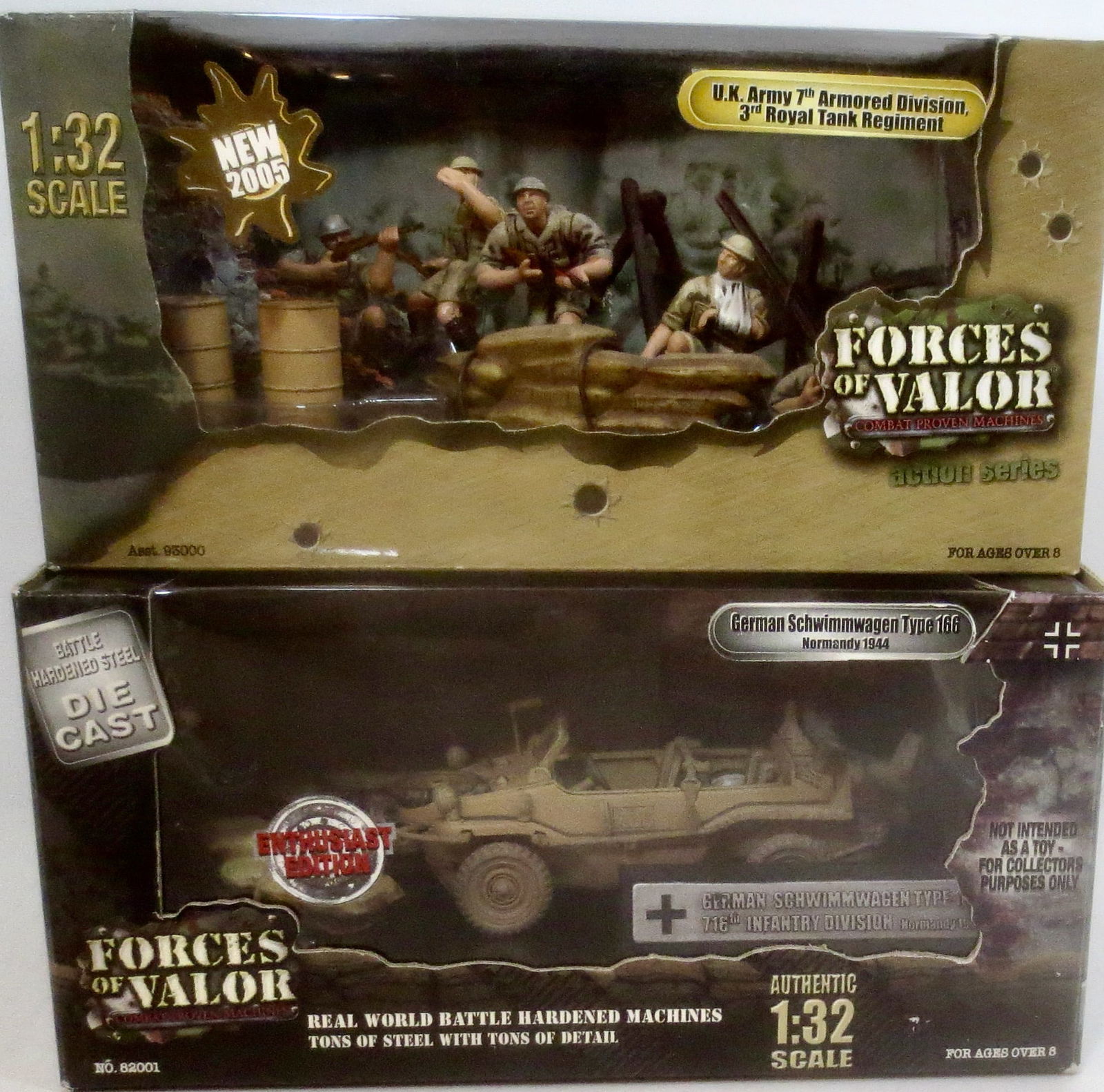 Forces of Valor WW2 Sets: 1:32 scale. U.K. Army 7th Armored Division, 3rd Royal Tank Regiment. And German Schwimmwagen. Mint condition. Boxes excellent.
