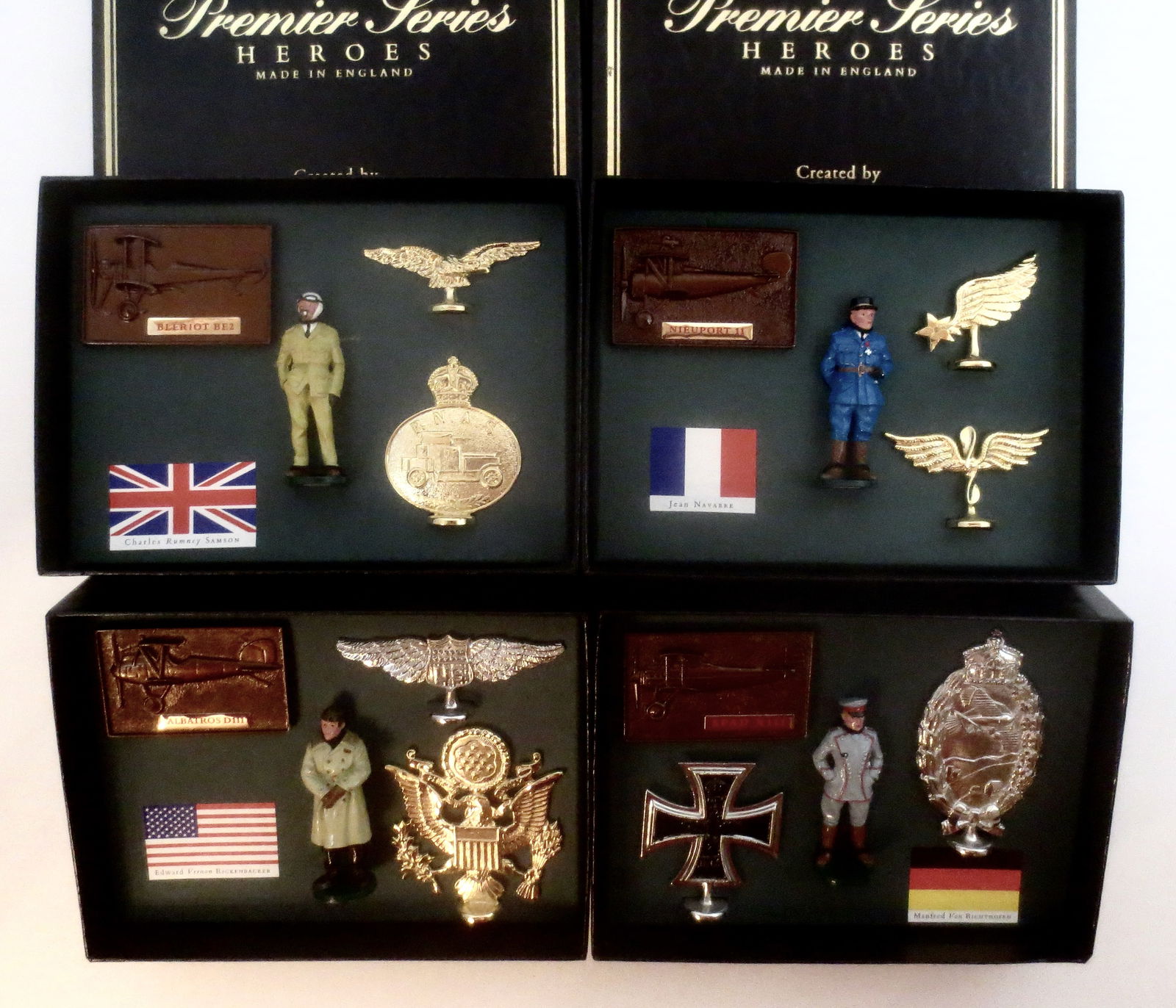 Premier World War One Flying Aces: Charles Samson British Air Ace #8932, Edward Richenbacker American Ace #8935, Jean Navarre French Ace, and Manfred Von Richtohofen German Air Ace #8934. Mint in Boxes. Boxes excellent.