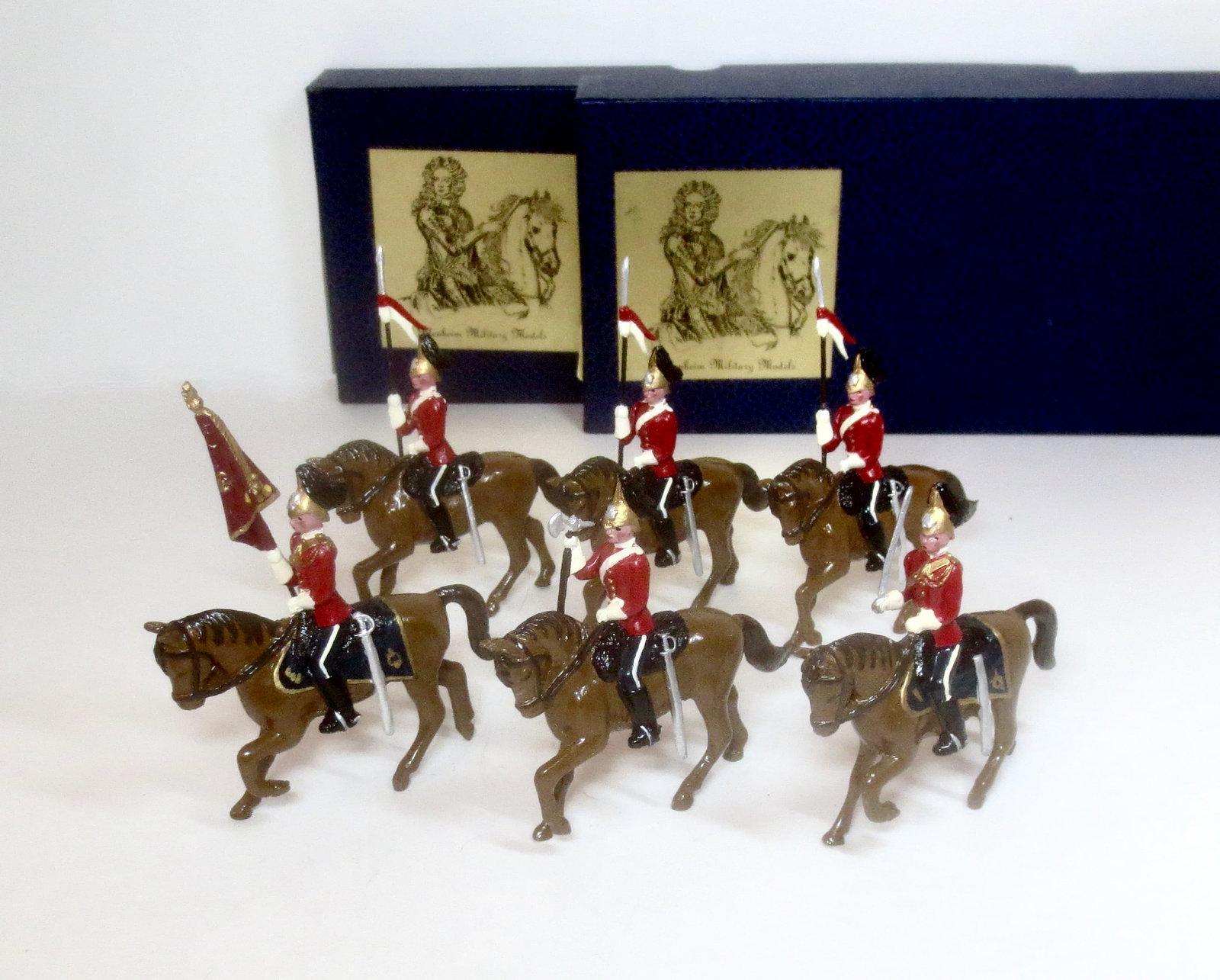 Blenheim Queen's Bays Musical Ride: Officer, Farrier, Colours and Troopers with Lances. 6 pieces. Mint to near mint condition. Boxes very good.