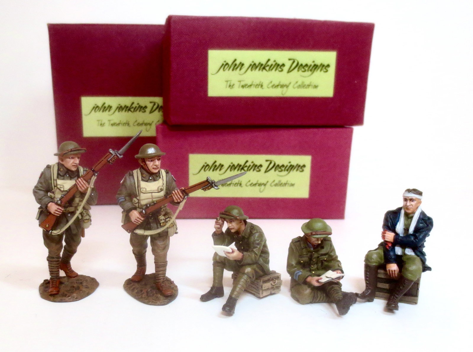 John Jenkins The Great War Sets: The 5th Division 2 Infantry Advancing #GWA03(60), Wounded Pilot #BGC09, and War Poets Writing Letters Home #GWB26. 6 pieces. Mint condition. Boxes excellent to very good.