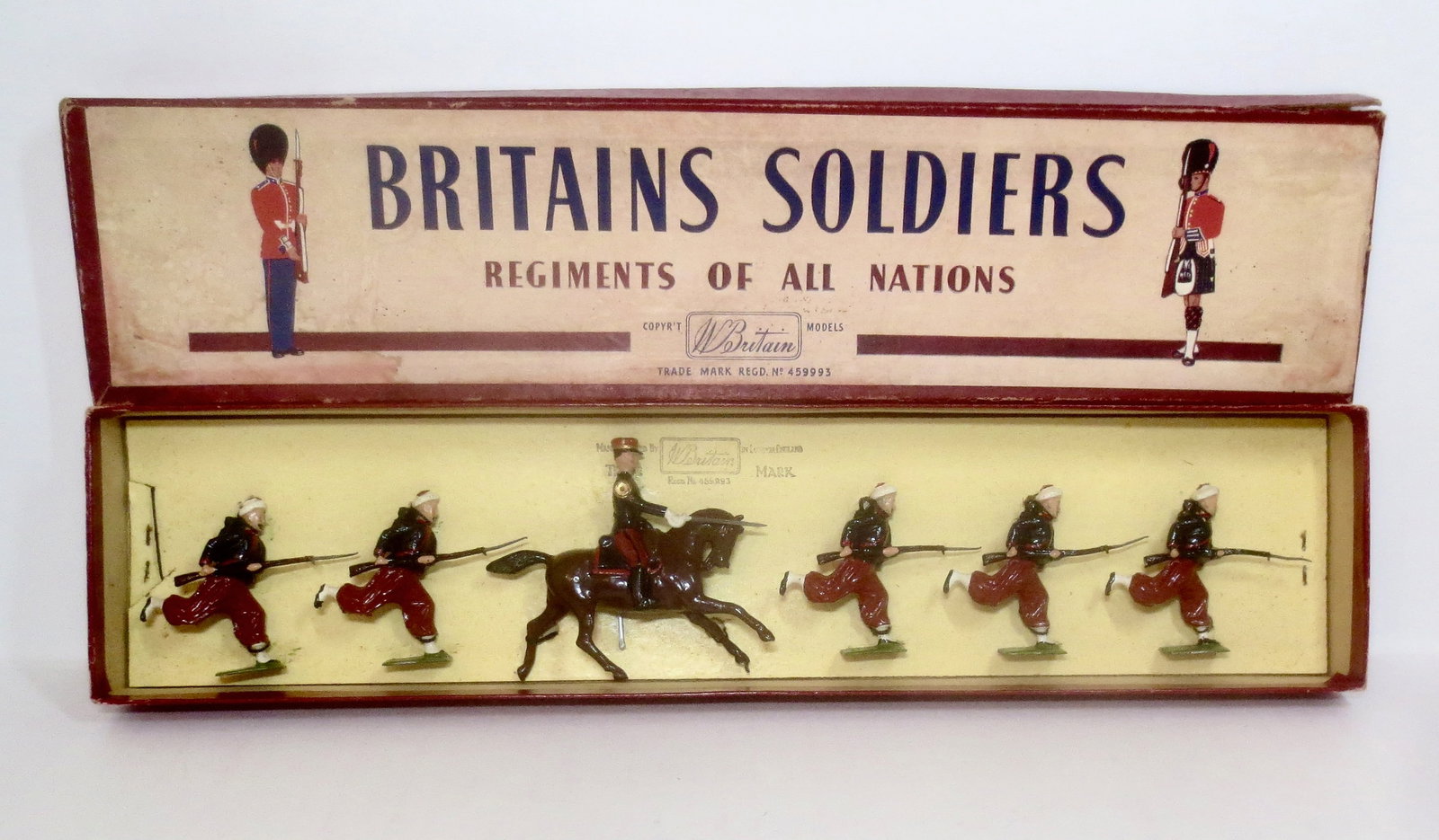 Britains #142 French Army Zouaves: Post war. 6 pieces. Mint condition, tied to card in box. Box good (two top corner splits).