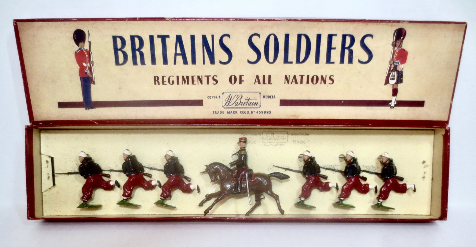 Britains #142 French Army Zouaves: Post war. 7 pieces. Excellent condition, retied to card in box. Box excellent.