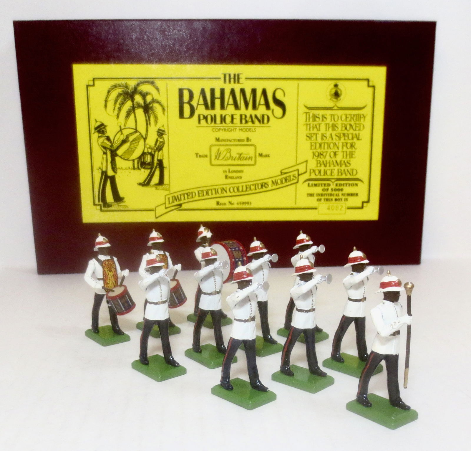 Britains #5187 The Bahamas Police Band: Limited Edition. 11 pieces. Mint to near mint condition. Box mint with slip cover.