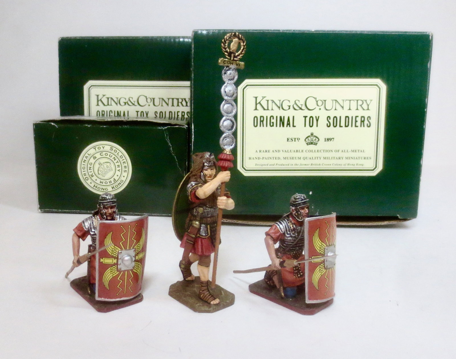 King & Country Romans: #R003 Aquilifer and two #R028 Romans Kneeling with Spear.