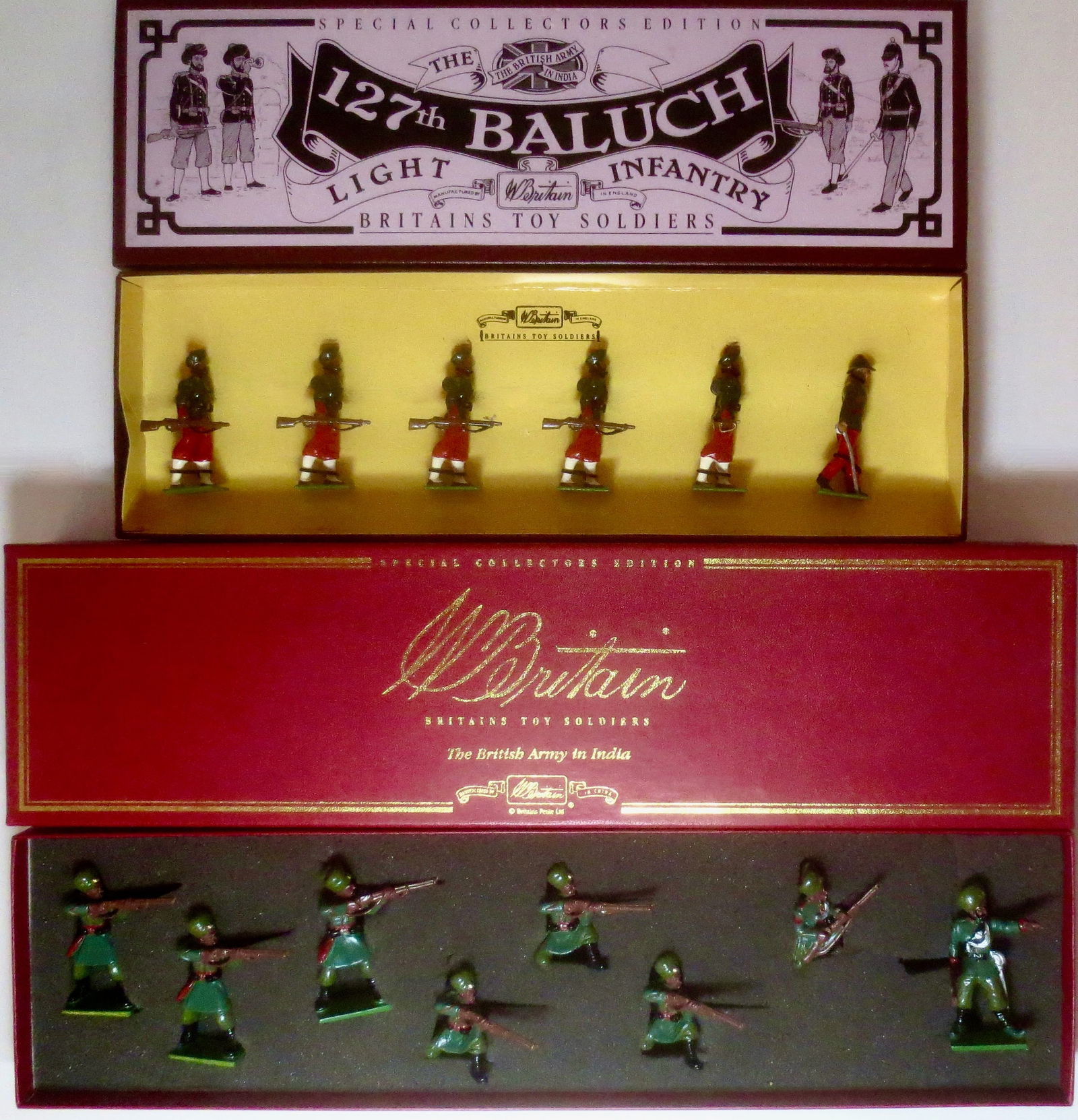 Britains Special Collectors Editions: #8833 127th Baluch Light Infantry, and #00134 125th Napier Rifles. 14 pieces. Mint condition. Boxes excellent.
