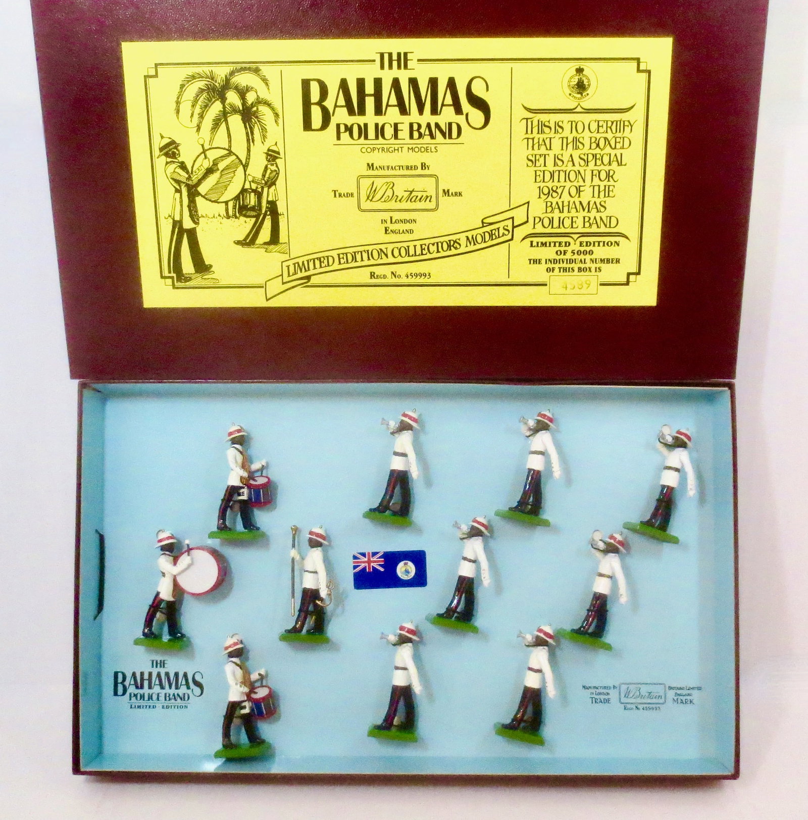 Britains #5187 The Bahamas Police Band: Limited Edition. 11 pieces. Mint condition, tied to card in box. Box mint with outer sleeve.