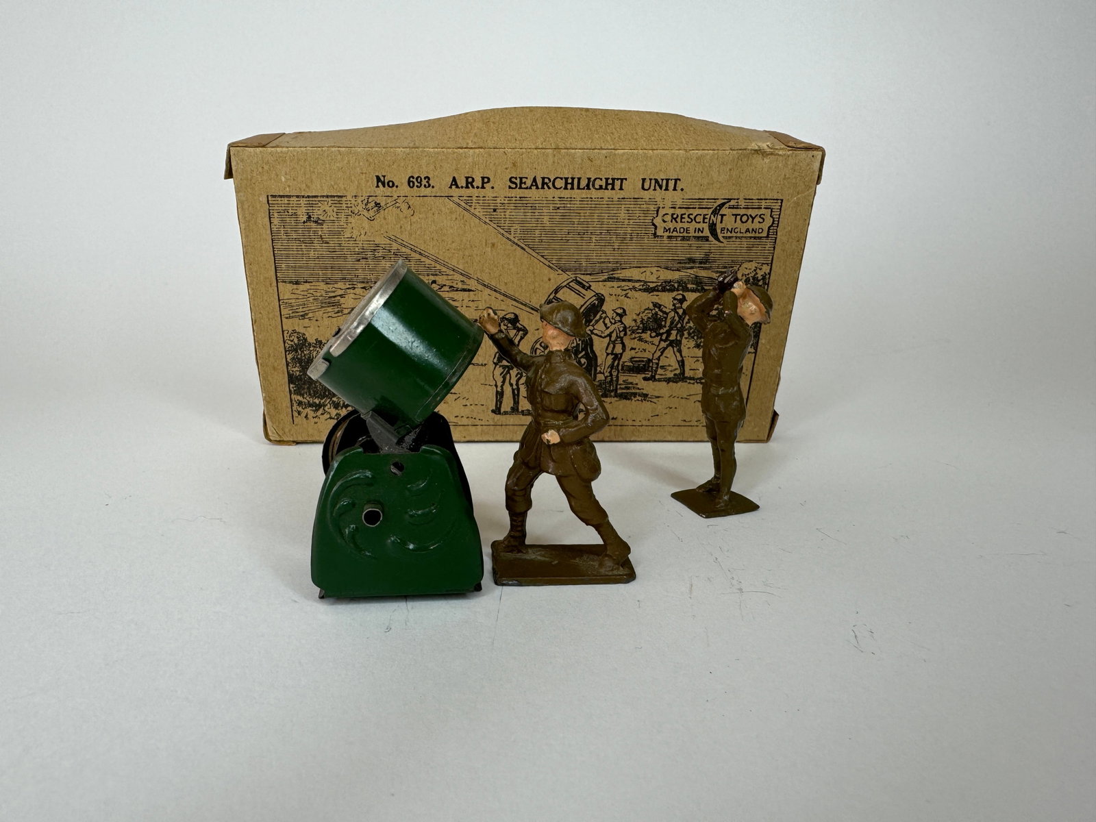 Crescent ARP Search Light Unit: Pre war. Tin search light. Operator and spotter. 3 pieces. Condition excellent. Box top and inner display card only.
