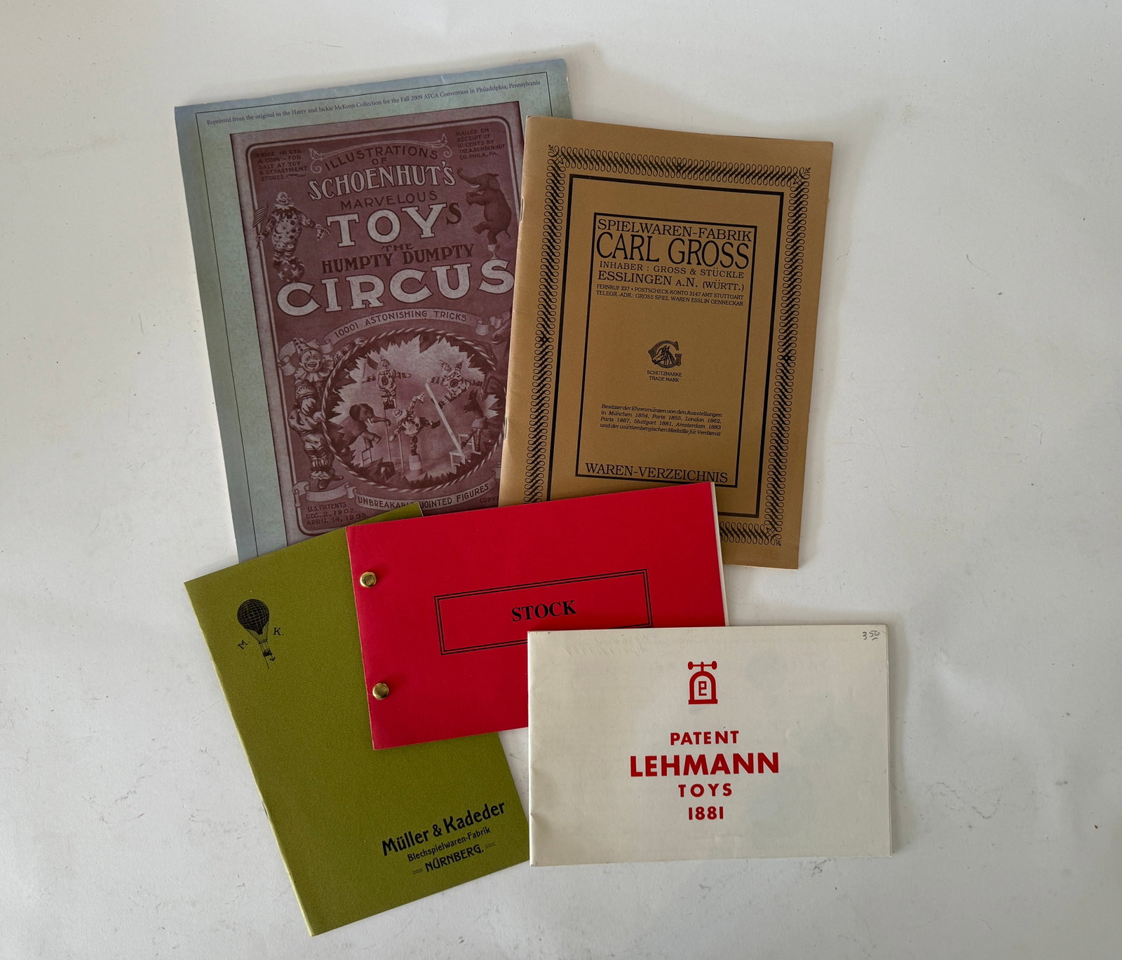 German Toy Catalogs: 5 Commercial copies. Patent Lehman Toys 1181, Muller & Kadeder. Spielwaren-Fabrik Carl Gross Inhaber: Gross & Stuckle. Illustrated Catalogue and Price List 1906 by The A. Schoenhut Company.