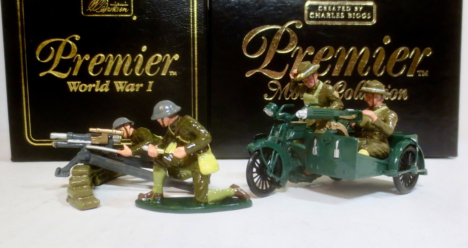 Premier World War One Sets: Se #41032 French 37mm Trench Gun with US Artillery Detachment, and #9907 US Army Motorcycle Combination. 7 pieces. Mint condition. Boxes excellent.