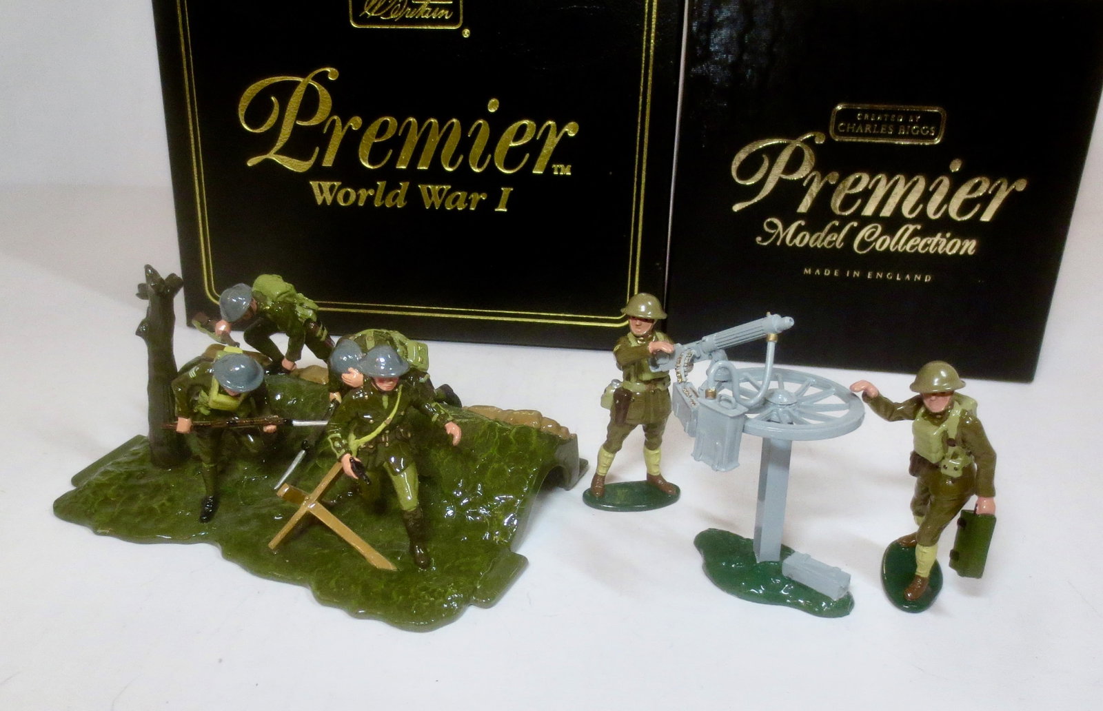 Premier World War One Sets: Set #9905 US Marines with Vickers Machine Gun, and "Over The Top" British Trench with Officer , Sergeant & Two Infantry charging. 5 pieces. Mint condition. Boxes excellent.