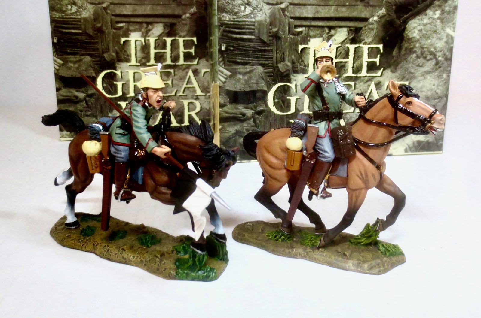 King & Country "The Great War" Figures: German Uhlan Bugler & Lancer Figures Charging. 2 pieces. Mint condition. Box excellent.