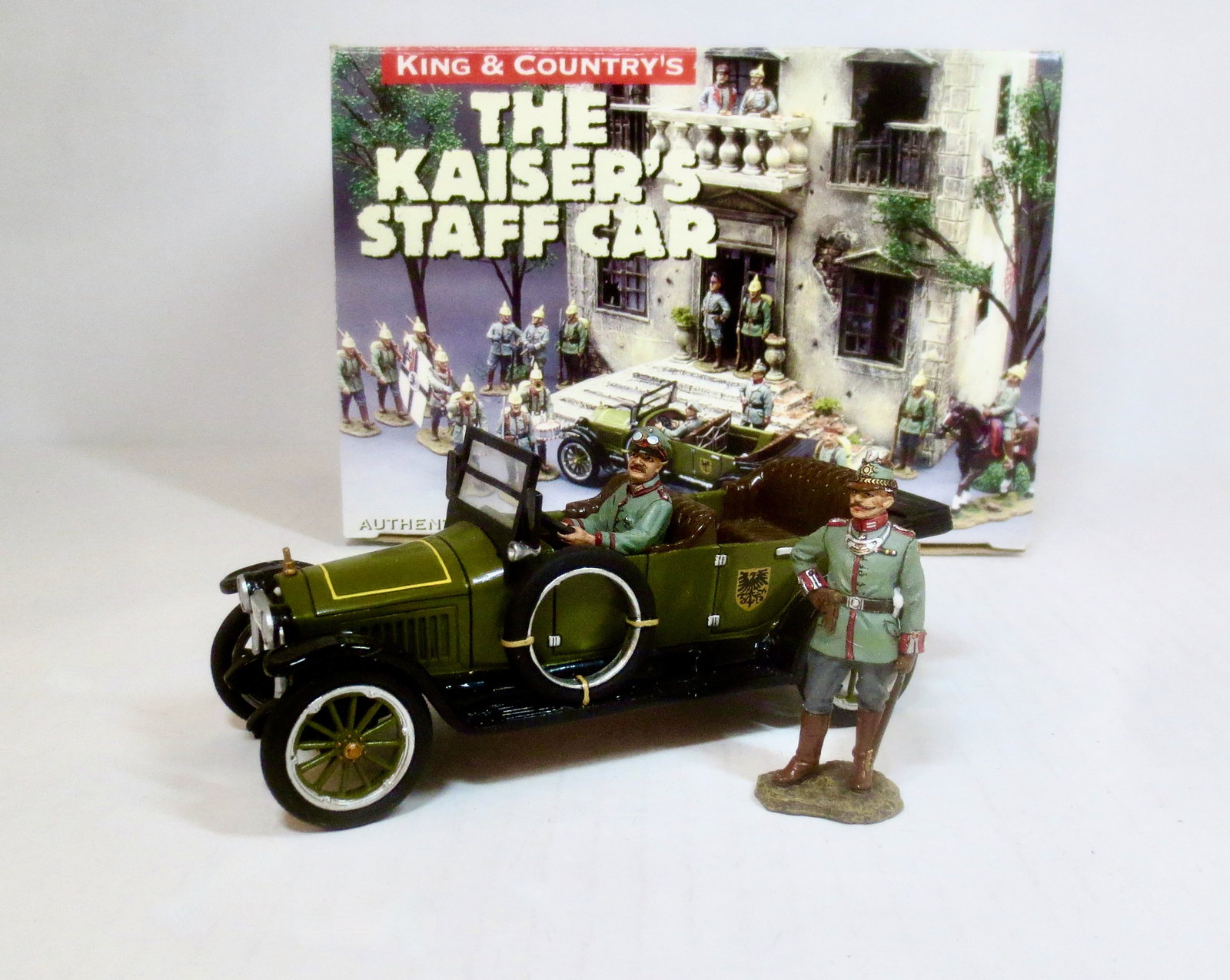 King & Country #FW013 “The Kaiser’s Staff Car”: Open-topped, automobile complete with military driver and military police bodyguard. Near mint condition. Box excellent.