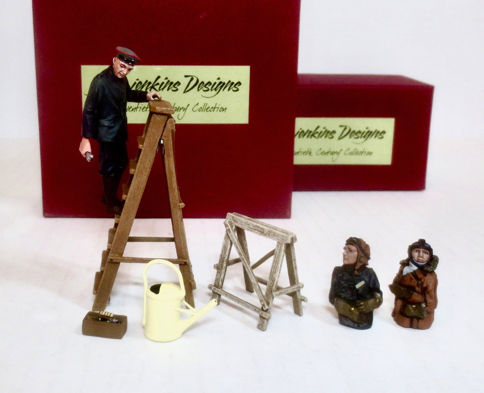 John Jenkins Knights of The Skies Sets: #GGC-07 German Mechanic with Accessories, and ACE-GP Two pilots for Fokker DR1. 6 pieces. Mint condition. Boxes excellent.