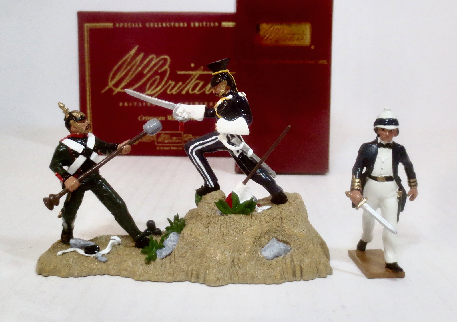 Britains #43161 British Captain William Peel: And, #00171 17th Lancer Dueling Russian Gunner. 2 pieces. Mint condition. Boxes excellent.