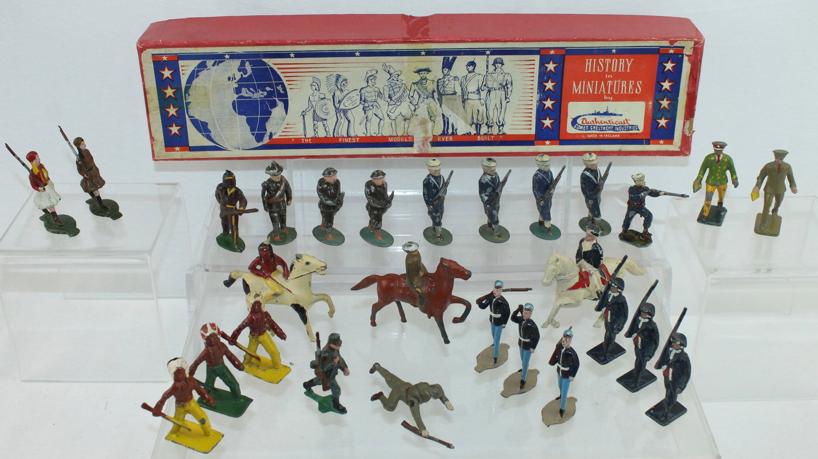Lot of Troopers and Indians by US Makers: Lot includes by Lincoln Log LL 13 American Revolutionary War Mounted, LL 12 American Revolutionary War Foot,LL 3 Indian with War Bonnet, LL9 Mounted Indian and Mounted Doughboy. Also includes Soldiers