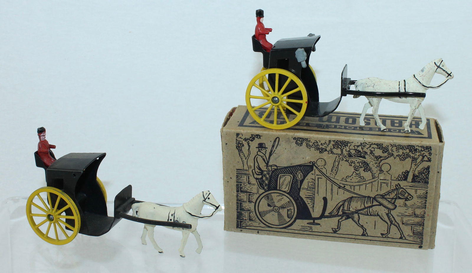 Morestone Lot of Hansom Cabs: Includes 1 Boxed and 1 Unboxed. Made in England. 4 Pieces. Condition Good to Very Good. Unboxed Cab lacks Side Lanterns. Box Good to Very Good.