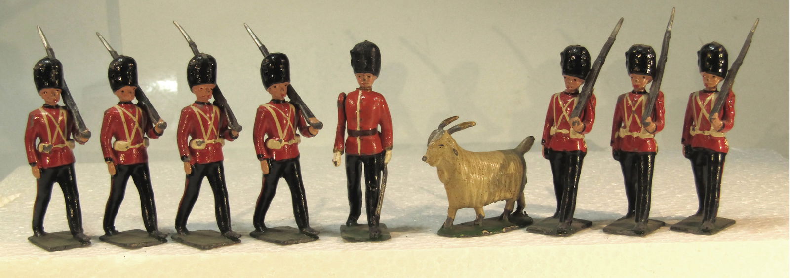 Britains No 74 Royal Welsch Fusilliers: Britains Ltd. # 74. Royal Welsch Fusiliers w/goat mascot. Post-war. 9 Pieces. Condition Good. Unboxed.