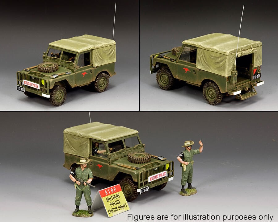 King & Country Vietnam Australian Land Rover Check: King & Country Toy Soldiers. Vietnam. VN092 & VN097. Australian Military Police Checkpoint including Land Rover. Brand new in original box.