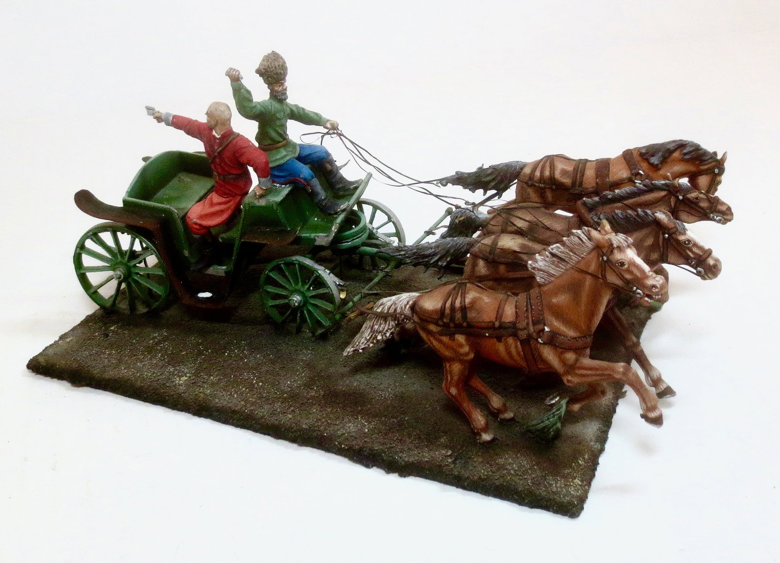 Four Horse Russian Coach Military Model: 54mm scale. Driver missing whip. Pistol missing tip. Fair condition. Nice model for restoration.