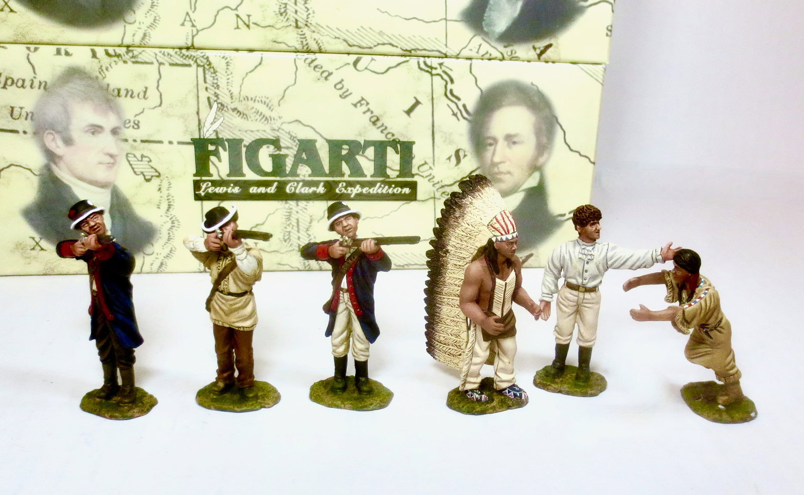 Figarti Lewis & Clark Expedition Sets: #LC1008 "Gun Salute", and #LC1006 "Meeting with Sister & Brother". 6 pieces. Mint condition. Boxes excellent.