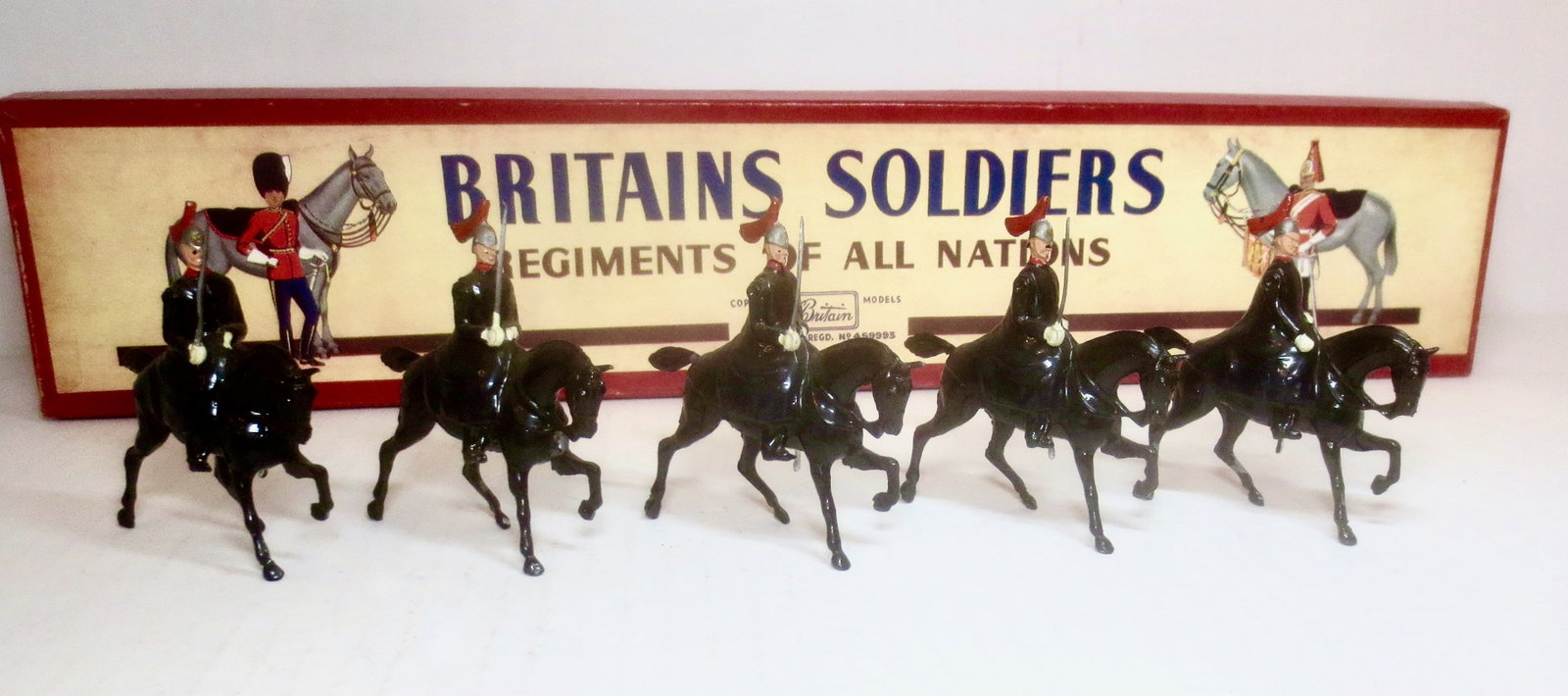 Britains #1343 The Royal Horse Guards: In Cloaks. Post war issue. 5 pieces. Near mint condition. Box excellent.