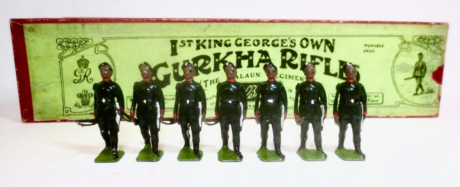 Britains #197 Gurkha Rifles: Pre war issue. 7 pieces. Mint to near mint condition. Whisstock label box in good condition.