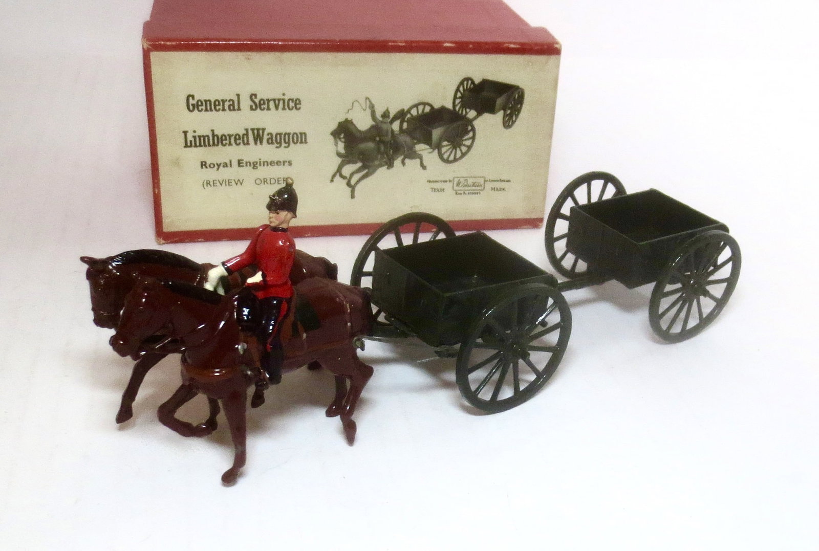 Britains #1330 General Service Limbered Wagon: Review Order. 4 pieces. Near mint condition. Box very good.