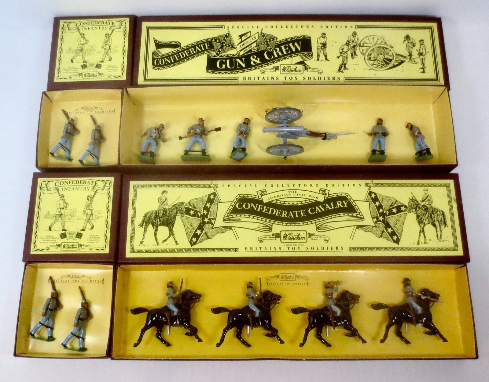 Britains Special Collectors Editions: #8881 Confederate Infantry (2), #8853 Confederate Cavalry, and #8876 Confederate Gun & Crew.