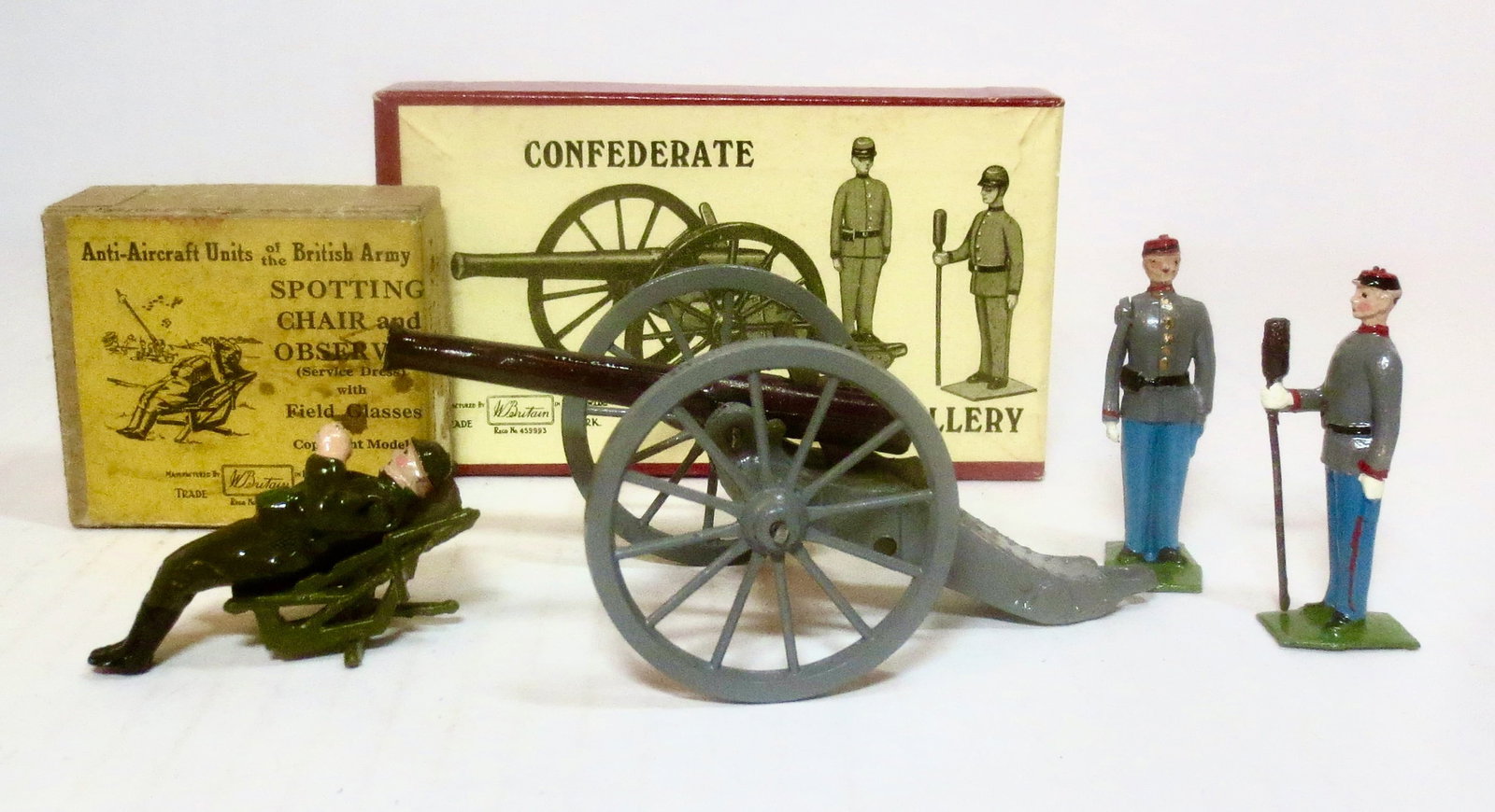 Britains #1731 Spotting Chair & Observer: Plus #2056 Confederate Artillery. 5 pieces. Near mint to excellent condition. Boxes excellent to very good.