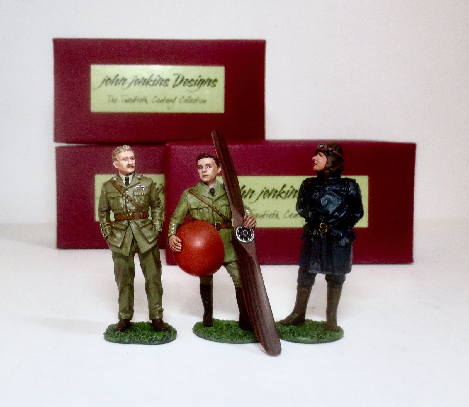 John Jenkins "Knights Of The Skies" Series: #ACE02 Billy Bishop, #ACE06P Captain Albert Ball, and #ACE07P Oberleutenant Erich Lowenhardt. 3 pieces. Mint condition. Boxes excellent.