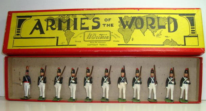 Britains Set # 221 Uruguay Army: Ejereito Del Uruguay Military School Cadets with Original Armies of the World Box and a Converted Officer and two additional Men. Pre War 11 Pieces.