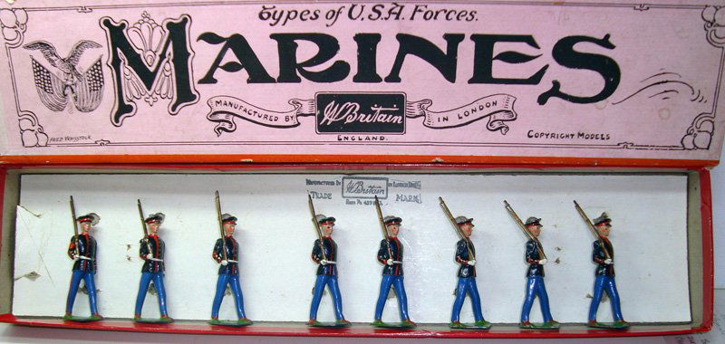 Britains Set # 228 US Marines: with Original Types of USA Forces Whisstock Box- Untied. Pre War. 8 Pieces.