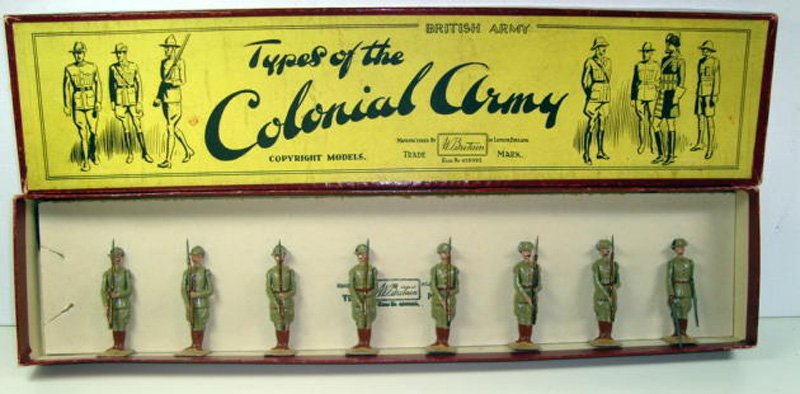 Britains Set # 1545 Australian Infantry: Present Arms Tied in Original Types of The Colonial Army Box. Pre War. 8 Pieces.