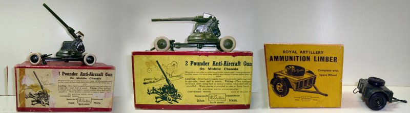Britains Set #s 1717/1717/1726: AA Guns on Mobile Chassis, two sets and Ammunition Limber all with Original Illustrated Boxes. 3 Items.