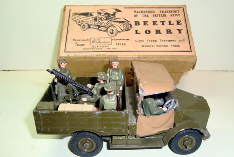 Britains Set # 1877 Beetle Lorry: with Original Illustrated Box and Driver and additional 4 nonBritains seated men- Pre War .