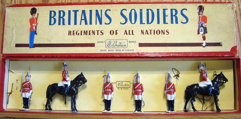 Britains Set # 2029 Life Guard Sentries: Foot and Mounted with Original R.O.A.N Box -Untied. Post War 6 Pieces.