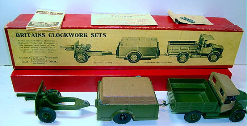 Britains Set # 2048 Beetle Lorry: , Clockwork Trailer and 23 Pounder Gun in Original Illustrated Box. Post War 3 Pieces.