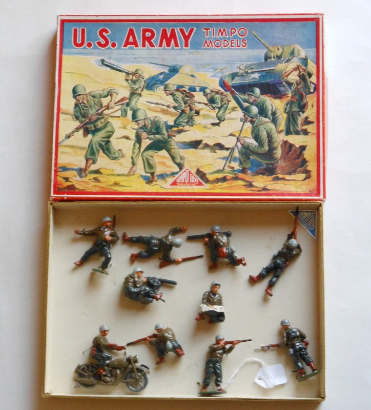 Timpo Set # 922 US GIs: Tied in Original Illustrated Box Post War 10 Pieces.