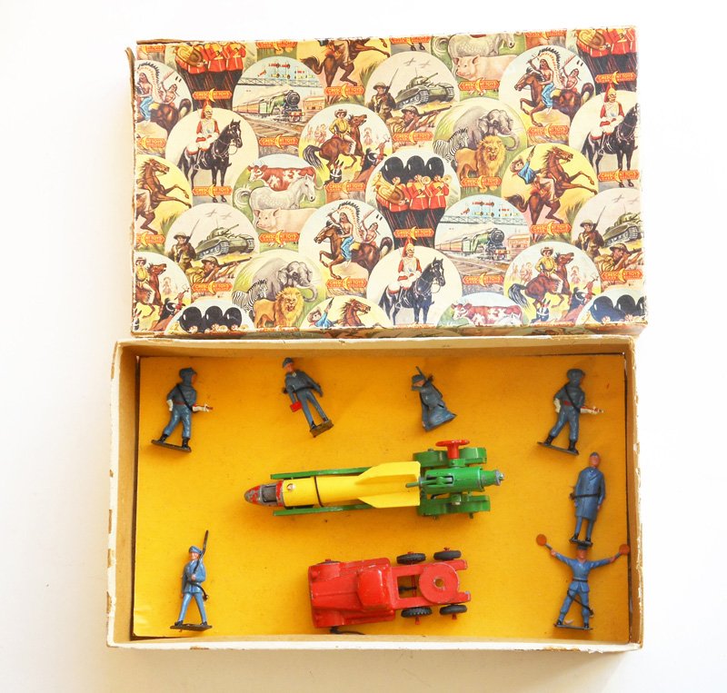 Crescent RARE Air force Display Set: with Mobile Rocket Launcher. Tied in Original Illustrated Box. Post War. 9 Pieces.