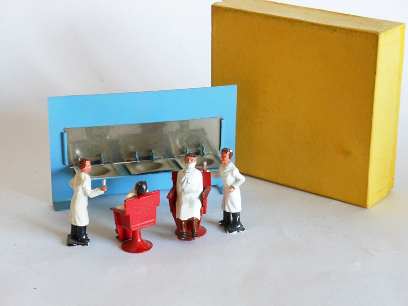 Crescent VERY RARE Barber Shop: with Original Box, Two Barbers with Razors, Two Customers being shaved and Two Chairs Plus a Drop with sinks and mirror. Post War. 7 Pieces