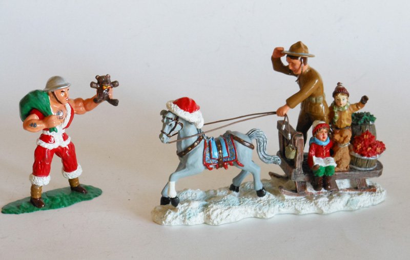 Lou Steinberg Doughboy Santa Claus: Lou Steinberg Unique One of a kind Dimestore Conversions. Doughboy Santa Claus and Horse Drawn Sleigh with Doughboy rider, carrying Children and Christmas Gifts.