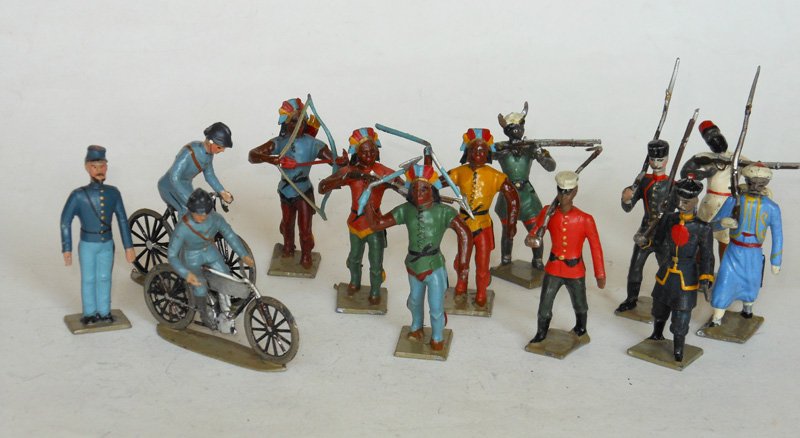 Mignot assortment: French WW1 Bicycle Troops, red Indians, Chinese Boxers and North African figures from Various Countries etc 13 Pieces.