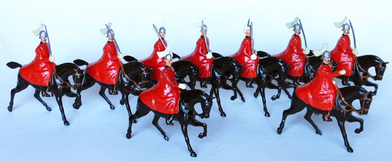 Britains From Set # 400 Life Guards: Winter Cloaks. Post War. 9 Pieces including Officer. Unboxed.