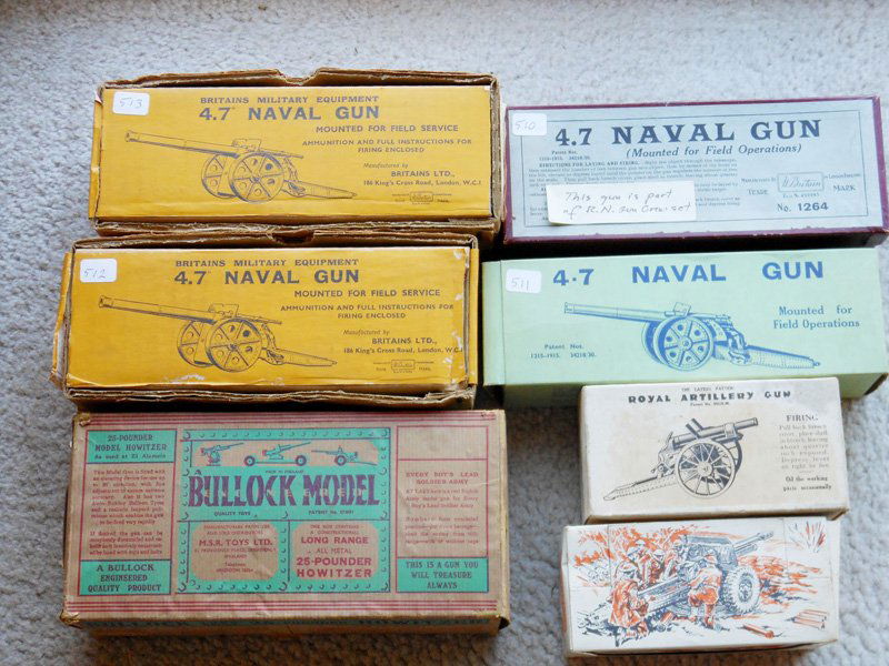 Britains and Others Various Guns: all with Original Boxes. Four Set 1264/9730 4.7 Naval Guns, Pre and Post War. Britains Set # 1201 Royal Artillery Gun. Bullock 25 Pounder Howitzer and Crescent 25 Pounder Field Gun. 7 Pieces.