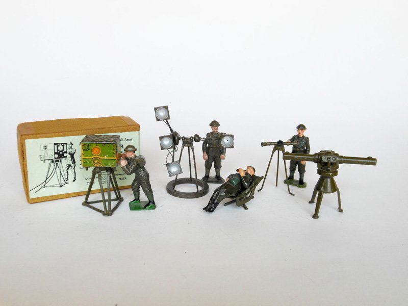 Britains Set # 1728 Predictor: with Original Box, #1729 Height Finder, #1731 Spotter in Chair, #1639 Range Finder and #1638 Sound Locator all Unboxed. Pre War/Post War 5 Pieces.