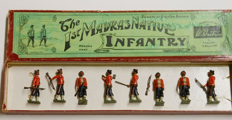 Britains Set # 67: First Madras Pioneers at Trail with Original Whisstock Box- Untied. Pre War. 8 Pieces including Officer and Pioneer with Axe, Square based.